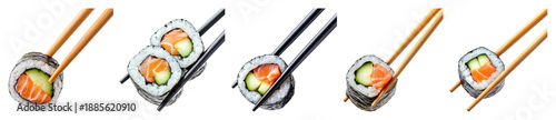 Obraz  z motywem PNG Chopsticks holding delicious sushi rolls, element set on transparent background