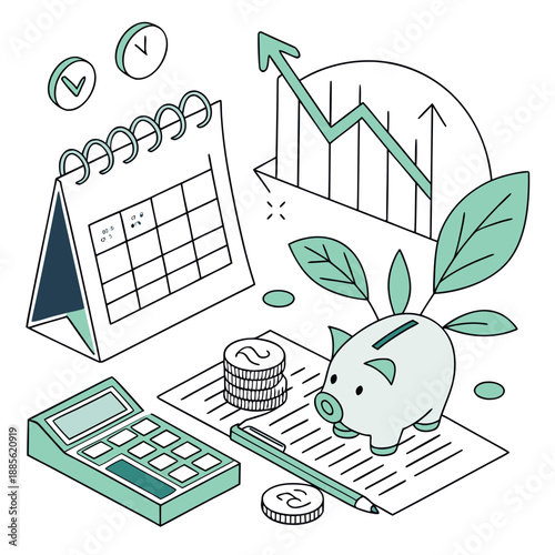 Piggy bank with growing leaves and financial planning tools