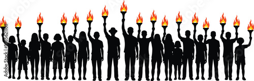 Crowd Holding Flaming Torches Silhouette Illustration Representing Protest, Unity and Collective Power, Black Human Figures Vector Banner Isolated on White Background