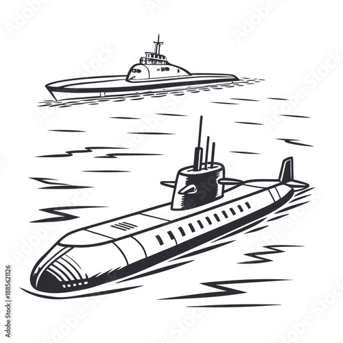 Black submarines and warship on water military naval