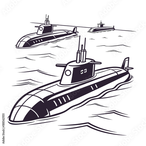 Black submarines on water with transparent background