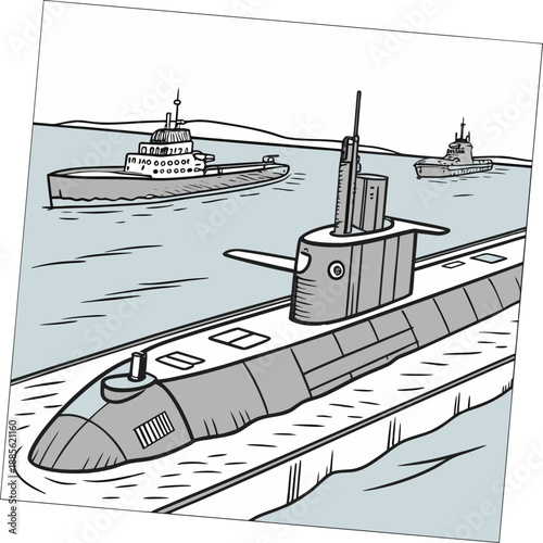 Gray submarines and warships on water military navy