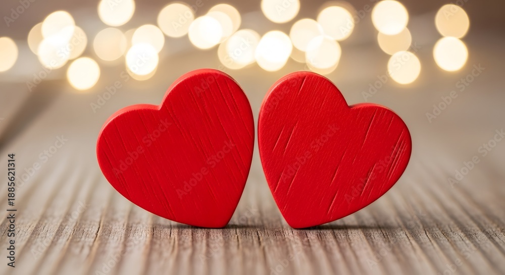 Fototapeta premium Two red hearts on a wooden surface with blurred lights in the background