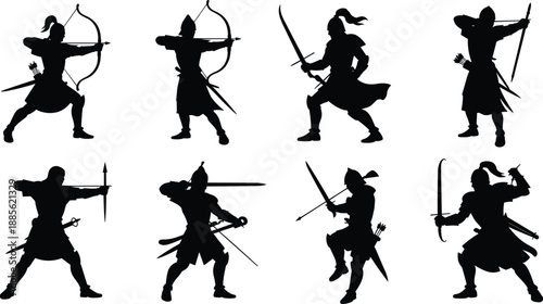 Set of Medieval Asian Warrior Silhouettes Featuring Ancient Steppe Soldiers Mongol Archers and Persian Infantry with Swords Bows and Spears