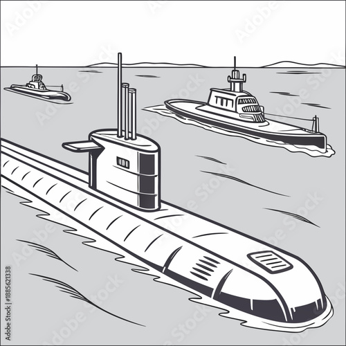 Military submarine and ships floating on water boats