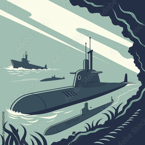 Military submarine fleet in ocean with seaweed underwater