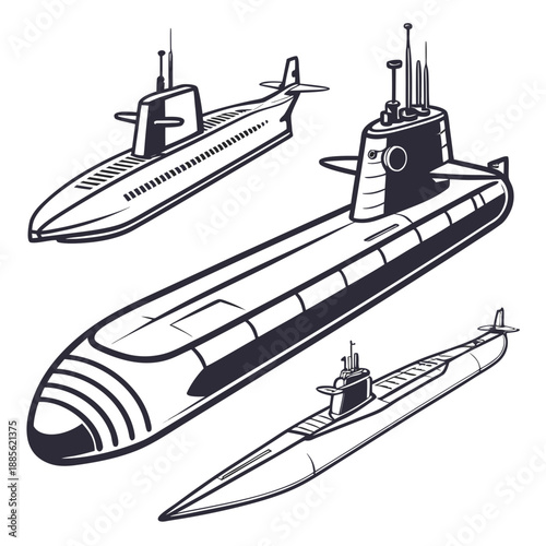 Navy submarine fleet isolated on white background naval