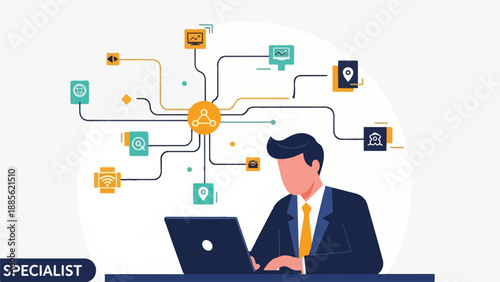 Business professional managing complex digital network and data streams, illustrating modern technology integration, smart solutions, and data analytics.