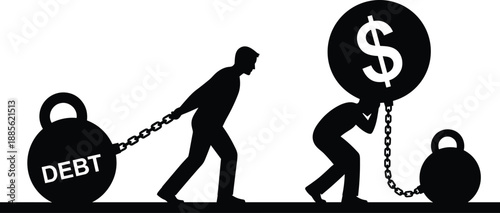 Debt burden and money pressure silhouette illustration showing people chained to financial obligations, loans, and dollar symbols representing economic stress and personal finance struggle