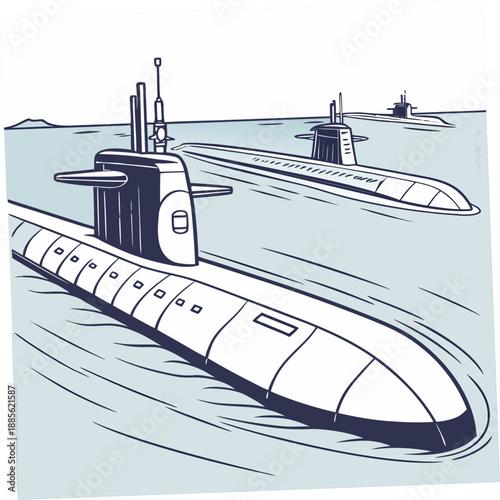 Submarines aligned nose to tail in ocean water naval