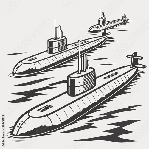 Black and white of three submarines on water fleet