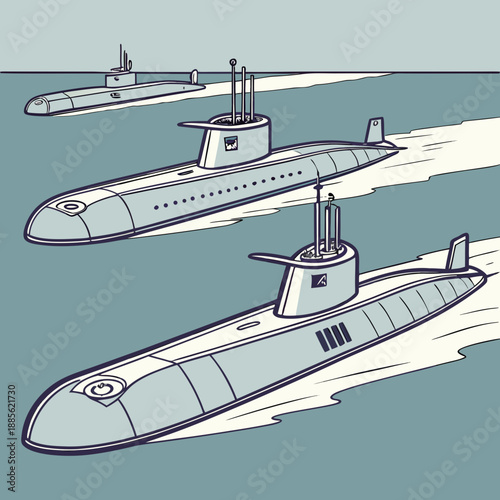 Of three submarines surfaced in ocean water gray white