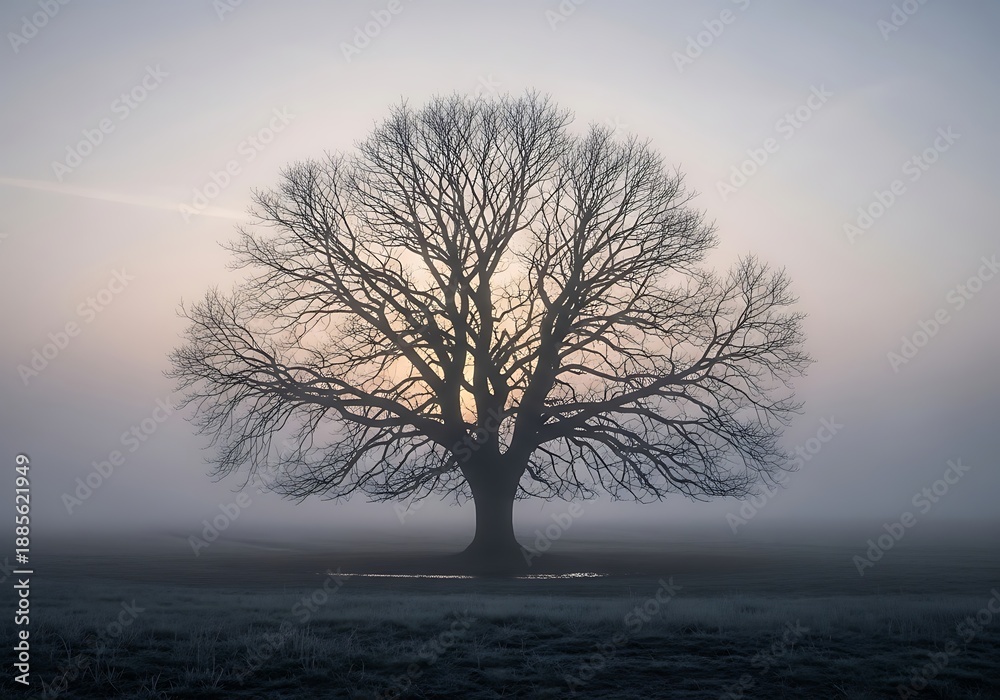 Obraz premium Silhouette of a tree in a misty landscape