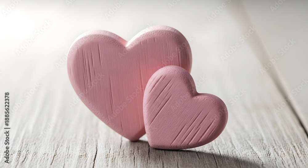 Fototapeta premium Two pink hearts leaning together on a wooden surface, a symbol of love and affection
