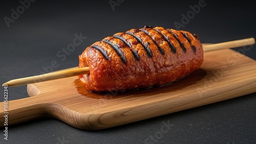 Grilled sausage on wooden board with skewers dark background