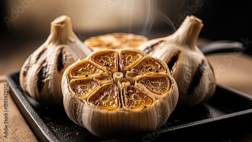 Roasted garlic bulbs sliced on black slate board with steam rising in warm kitchen lighting
