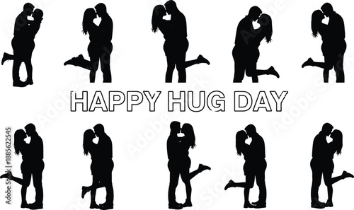 Happy Hug Day vector silhouette collection, romantic couples embracing and kissing set, Valentine's day love concept, isolated on white background.