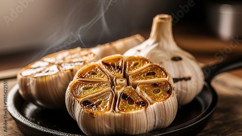 Roasted garlic bulbs steaming on rustic cast iron skillet with herbs
