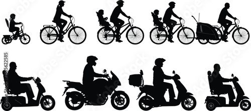 Family cycling and scooter silhouettes showing urban mobility, parents and children riding bikes and electric scooters, transportation lifestyle isolated on white background