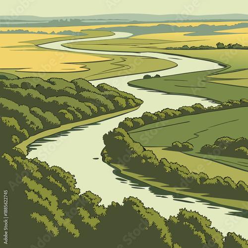 Aerial view of a winding river bend landscape, clean vector graphic illustration with natural curves
