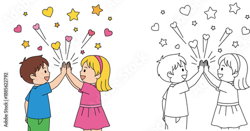 Happy kids giving high five with hearts and stars, vector illustration with coloring page outline and colored version.