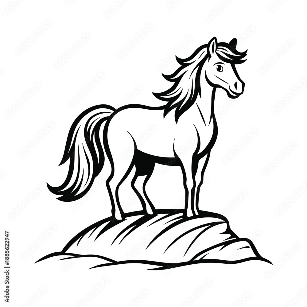 Obraz premium Majestic Standing Horse Vector Line Art Illustration on a Mound with Flowing Mane. 