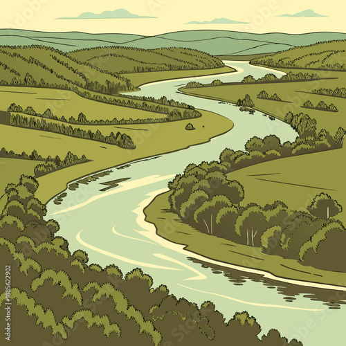 Aerial view of a winding river bend landscape, clean vector graphic illustration with natural curves