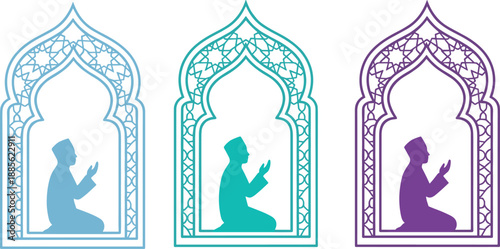 Three stylized illustrations of praying figures inside ornate Islamic arches in blue, teal, and purple, symbolizing devotion, spirituality, and cultural tradition.