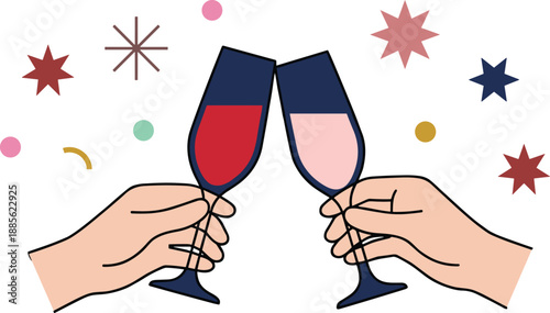 Two hands clinking champagne glasses with red and pink drinks, surrounded by colorful confetti and stars, perfect for party, celebration, or festive design.