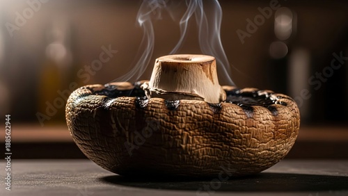 Burning incense stick on cracked coconut shell with smoke in rustic setting