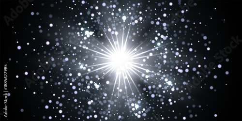 Light glare with glitter explosion and glowing particles on dark. White bright sparkling burst radiating warm light dynamic motion effect. Festive glow with bokeh highlights. Vector illustration.