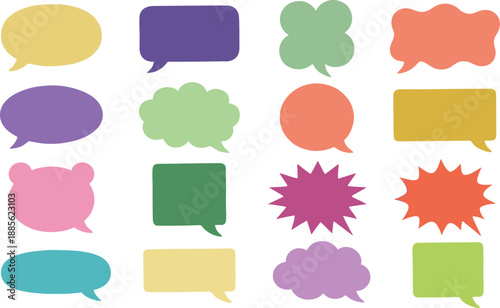 Colorful speech and thought bubble collection with whimsical shapes for communication, dialogue, education, comic design, and creative visual storytelling projects.