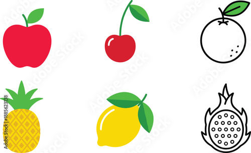 Collection of six stylized fruit illustrations including apple, cherry, pineapple, lemon, orange, and dragon fruit in color and outline for design use.