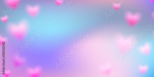 Heart romantic background. Pink Valentine day card. Soft pink hearts blur across blue purple backdrop with smooth color transitions and gentle glow. Pastel dreamy vector illustration.