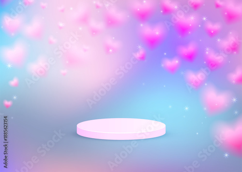 White podium on heart romantic background. Pink Valentine day card. Soft pink hearts blur across blue purple backdrop with smooth color transitions and gentle glow. Pastel dreamy vector illustration.
