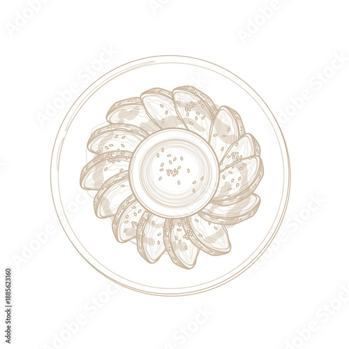 Vector Illustration logo Line art Top View Chicken Char siu or Chicken Charsiu on a Plate
