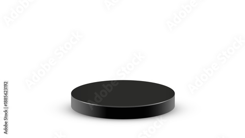 Black podium. Product display platform with soft gradient surface and smooth cylindrical shape on light background. Minimalist base, stage, showcase for mockup design. Modern vector illustration.