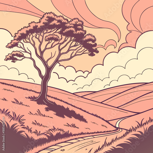 Abstract rolling cloudscape landscape where clouds form geometric shapes, serene vector art