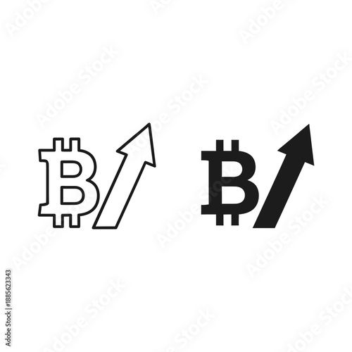 A vector graphic illustration of two Bitcoin symbols with arrows pointing upwards, symbolizing growth and increase in value.