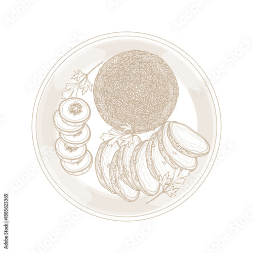 Vector Illustration logo Line art Chicken Char Siu with Hainan Rice on a Plate