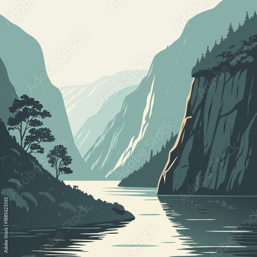 Muted flat vector Scandinavian fjord landscape with gentle water and distant mountains, peaceful nature scene.