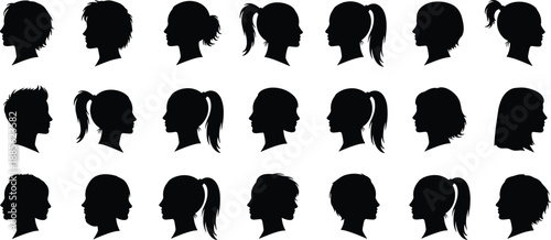 Female Head Silhouette Collection with Different Hairstyles, Profile Views, Minimal Black Vector Set for Beauty, Fashion, Identity and Design Concepts
