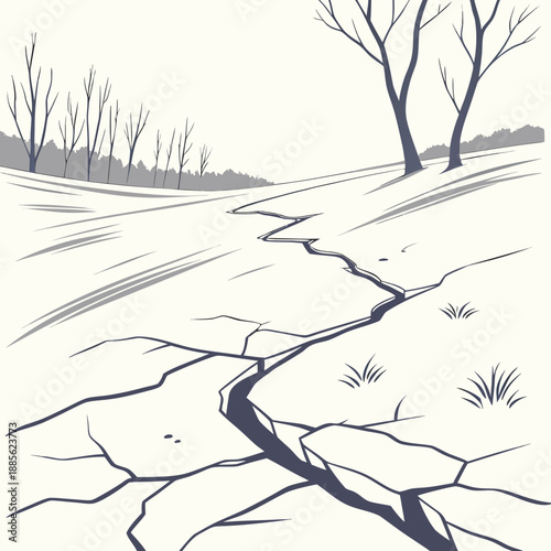 Snowfield landscape dramatically broken by geometric vector cracks and lines, abstract winter scene.
