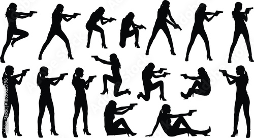 Silhouette, firearm, tactical, combat, action, pose, soldier, weapon, dynamic, illustration, defense, shooter, profile, crouch, aim, gunman, military, graphic, black, movement