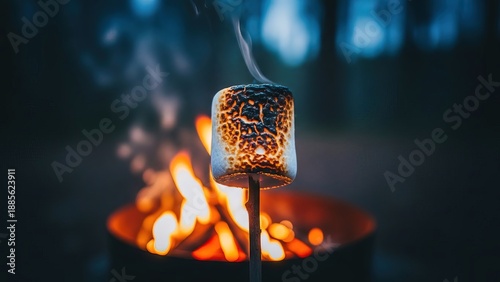 Marshmallow roasting over campfire flames in dark forest night outdoor adventure