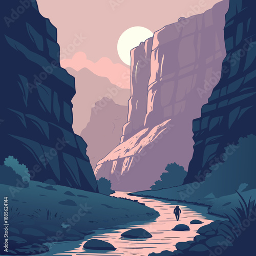 Stylized canyon shadow landscape using long horizontal vector lines, dramatic desert geology with contrast.