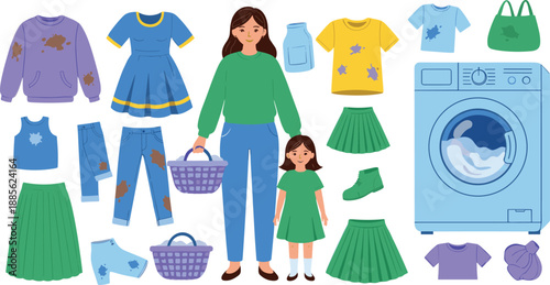 Laundry and clothing care vector set with washing machine, family outfits, clean clothes, baskets and household laundry items isolated on white background for home design