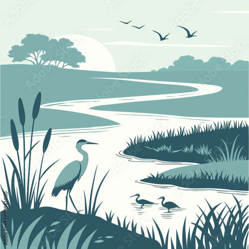 Stylized coastal marsh landscape with simplified vector reeds and calm water, serene natural environment.