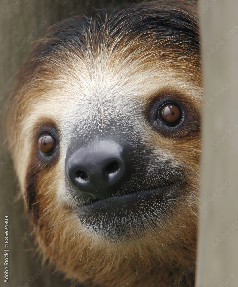 Fototapeta premium Sloth curiously observing, peeking from behind a wooden beam, showing its face and warm fur