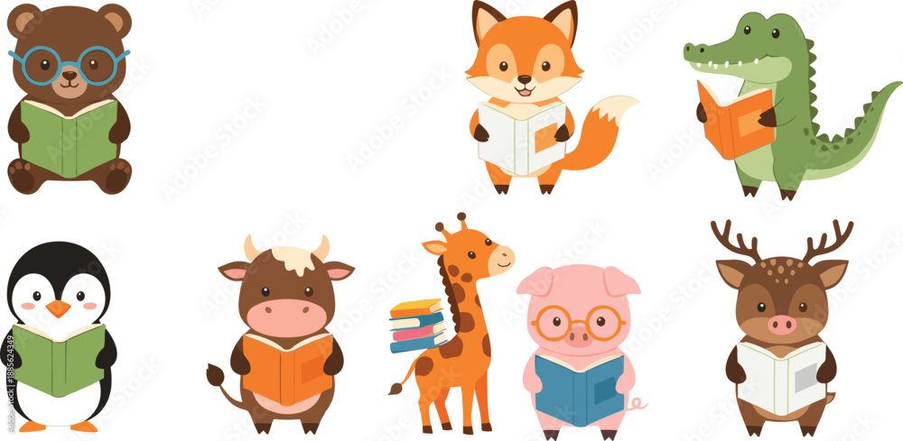 Fototapeta premium Cute cartoon animals reading books vector set with bear, fox, crocodile, penguin, cow, giraffe, pig and deer characters isolated on white background for kids education design